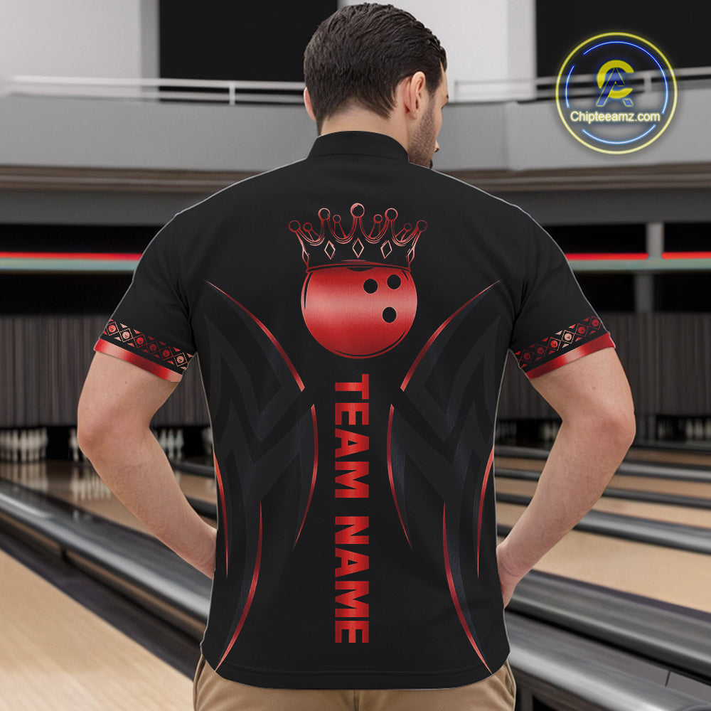 Black and Red crown Bowling ball Polo, Quarter Zip Shirts for Men Custom Bowling Team jerseys NQS10047