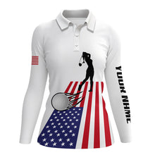 Load image into Gallery viewer, American flag Womens golf polos shirts custom name patriotic white golf shirt, womens golf wear NQS7964