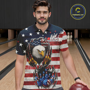 Vintage American Flag Eagle Bowling Polo, 1/4 Zip Shirt for Men Custom Patriotic Team Bowling Jersey NQS10569
