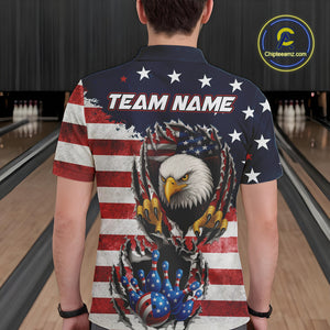 Vintage American Flag Eagle Bowling Polo, 1/4 Zip Shirt for Men Custom Patriotic Team Bowling Jersey NQS10569
