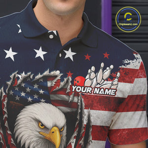 Vintage American Flag Eagle Bowling Polo, 1/4 Zip Shirt for Men Custom Patriotic Team Bowling Jersey NQS10569