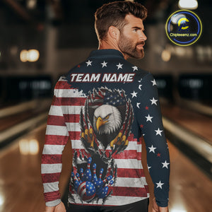 Vintage American Flag Eagle Bowling Polo, 1/4 Zip Shirt for Men Custom Patriotic Team Bowling Jersey NQS10569