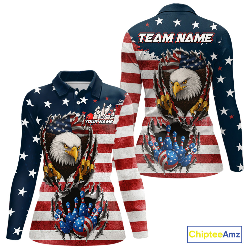 Vintage American Flag Eagle Bowling Polo,1/4 Zip Shirt for Women Custom Patriotic Team Bowling Jersey NQS10569