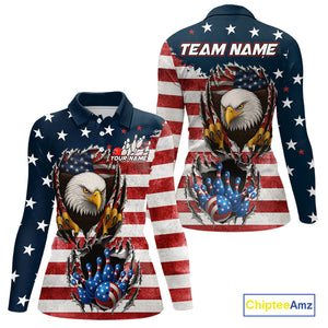 Vintage American Flag Eagle Bowling Polo,1/4 Zip Shirt for Women Custom Patriotic Team Bowling Jersey NQS10569