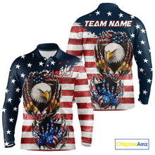 Load image into Gallery viewer, Vintage American Flag Eagle Bowling Polo, 1/4 Zip Shirt for Men Custom Patriotic Team Bowling Jersey NQS10569