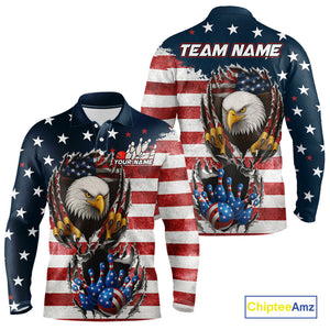 Vintage American Flag Eagle Bowling Polo, 1/4 Zip Shirt for Men Custom Patriotic Team Bowling Jersey NQS10569