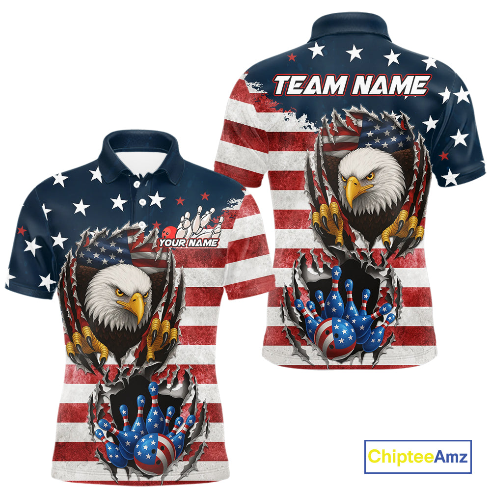 Vintage American Flag Eagle Bowling Polo, 1/4 Zip Shirt for Men Custom Patriotic Team Bowling Jersey NQS10569
