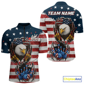 Vintage American Flag Eagle Bowling Polo, 1/4 Zip Shirt for Men Custom Patriotic Team Bowling Jersey NQS10569