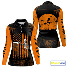 Load image into Gallery viewer, Black and Orange American Flag Halloween disc golf skull custom Women disc golf polo shirts NQS10785