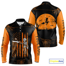 Load image into Gallery viewer, Black and Orange American Flag Halloween disc golf skull custom Men disc golf polo shirts NQS10785