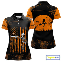 Load image into Gallery viewer, Black and Orange American Flag Halloween disc golf skull custom Women disc golf polo shirts NQS10785