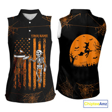 Load image into Gallery viewer, Black and Orange American Flag Halloween disc golf skull custom Women sleeveless disc golf polo shirt NQS10785