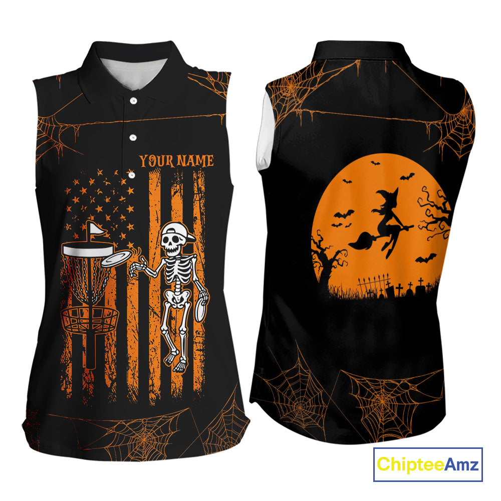 Black and Orange American Flag Halloween disc golf skull custom Women sleeveless disc golf polo shirt NQS10785