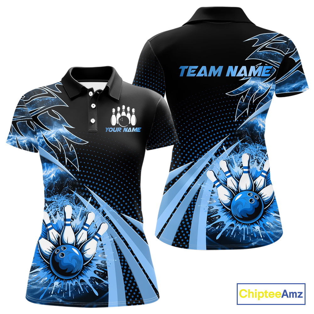 Black and Blue Bowling Polo, 1/4 zip shirts For Women Custom Team Bowling Jerseys, Gift For Bowlers NQS10786
