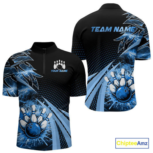 Black and Blue Bowling Polo, Quarter zip shirts For Men Custom Team Bowling Jerseys, Gift For Bowlers NQS10786