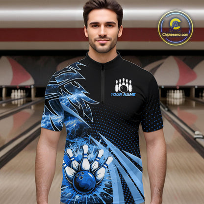 Black and Blue Bowling Polo, Quarter zip shirts For Men Custom Team Bowling Jerseys, Gift For Bowlers NQS10786