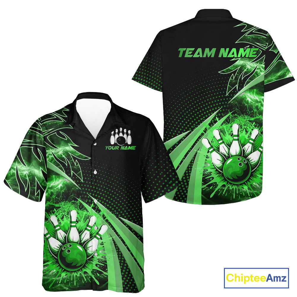 Black and Green Bowling Hawaiian Shirt Custom Team Bowling Button Up Shirt, Gift For Bowlers NQS10787