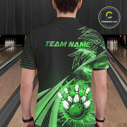 Black and Green Bowling Polo, Quarter zip shirts For Men Custom Team Bowling Jersey, Gift For Bowlers NQS10787