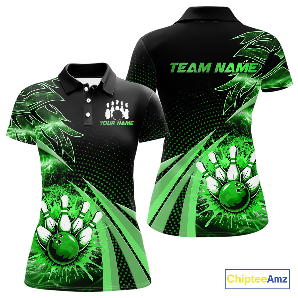 Black and Green Bowling Polo, 1/4 zip shirts For Women Custom Team Bowling Jerseys, Gift For Bowlers NQS10787
