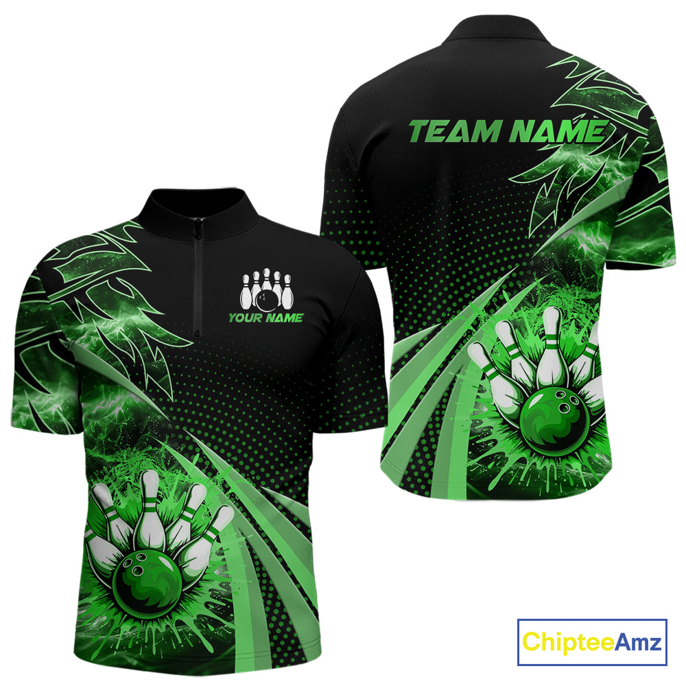 Black and Green Bowling Polo, Quarter zip shirts For Men Custom Team Bowling Jersey, Gift For Bowlers NQS10787