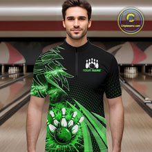 Load image into Gallery viewer, Black and Green Bowling Polo, Quarter zip shirts For Men Custom Team Bowling Jersey, Gift For Bowlers NQS10787