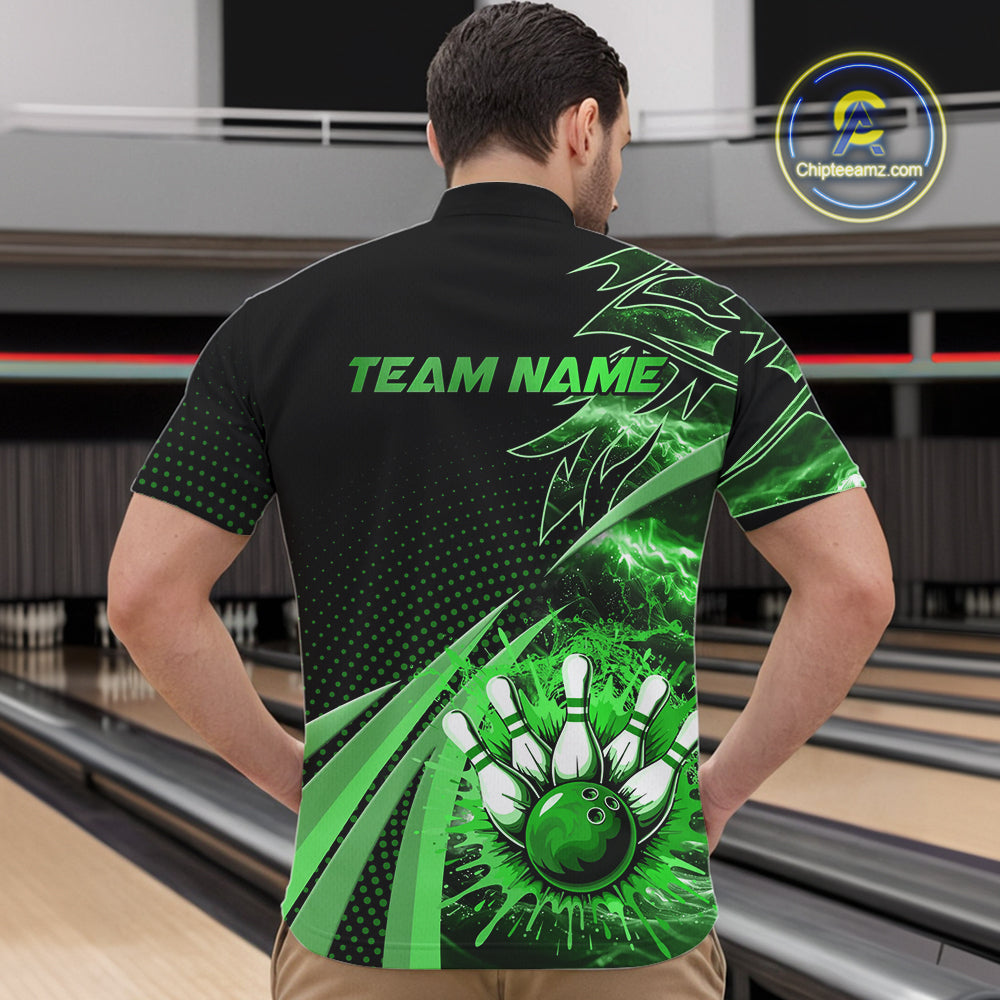 Black and Green Bowling Polo, Quarter zip shirts For Men Custom Team Bowling Jersey, Gift For Bowlers NQS10787