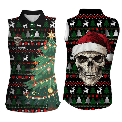 Funny Ugly Christmas pattern Santa Skull Womens Sleeveless Polo Shirts Custom Xmas Gifts For Women NQS9082