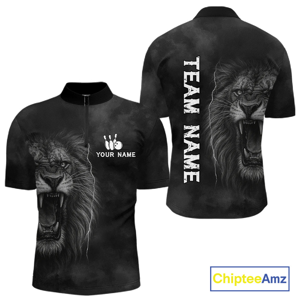 Lightning Thunder Smoke Lion Bowling Polo, 1/4 Zip Shirts For Men Custom Lion Team Bowling Jerseys NQS11162