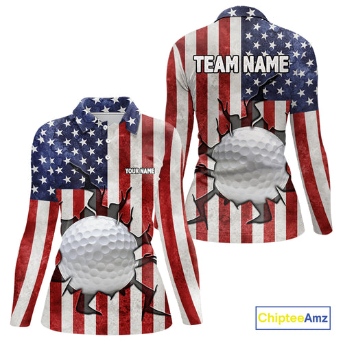 Vintage American Flag broken golf ball Women Golf polo shirts Custom patriotic Golf attire For ladies NQS10051