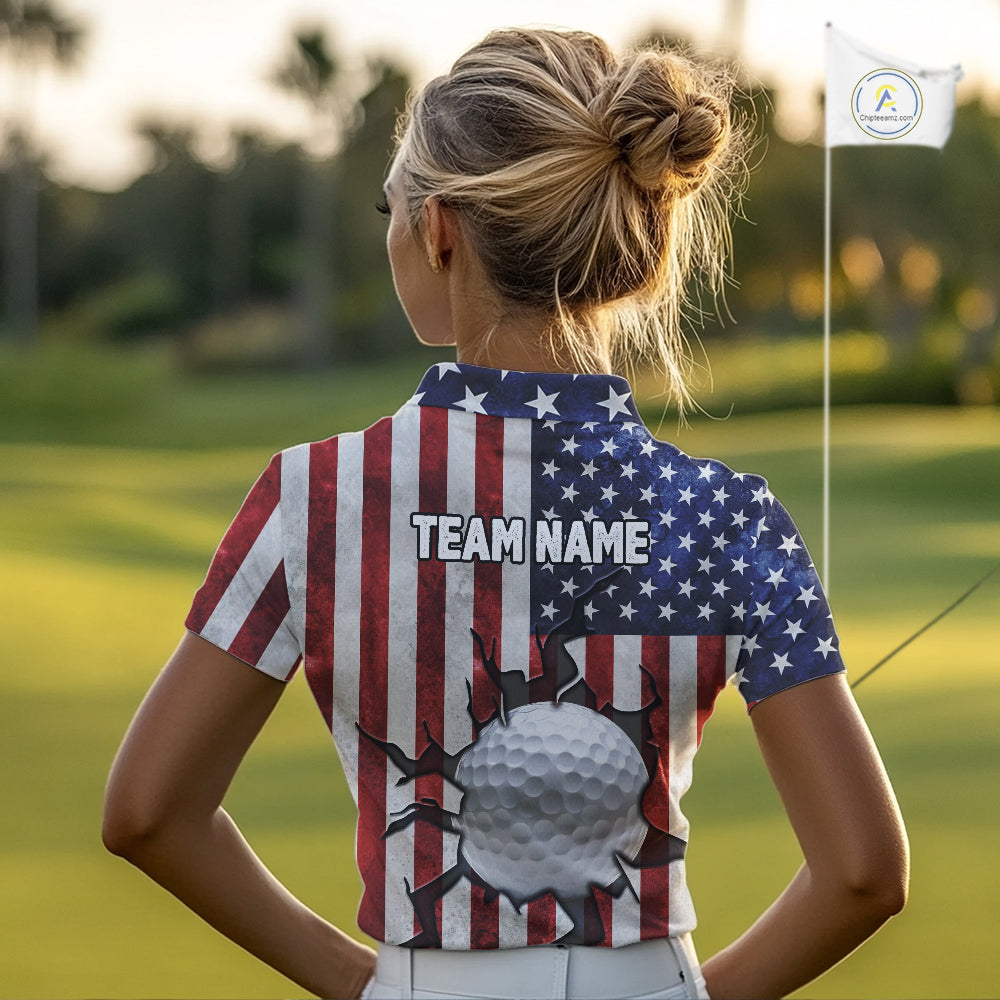 Vintage American Flag broken golf ball Women Golf polo shirts Custom patriotic Golf attire For ladies NQS10051