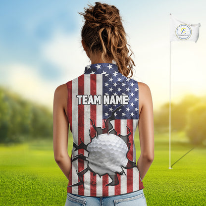 Vintage American Flag broken golf ball Women Sleeveless polos Custom patriotic Ladies Golf attire NQS10051