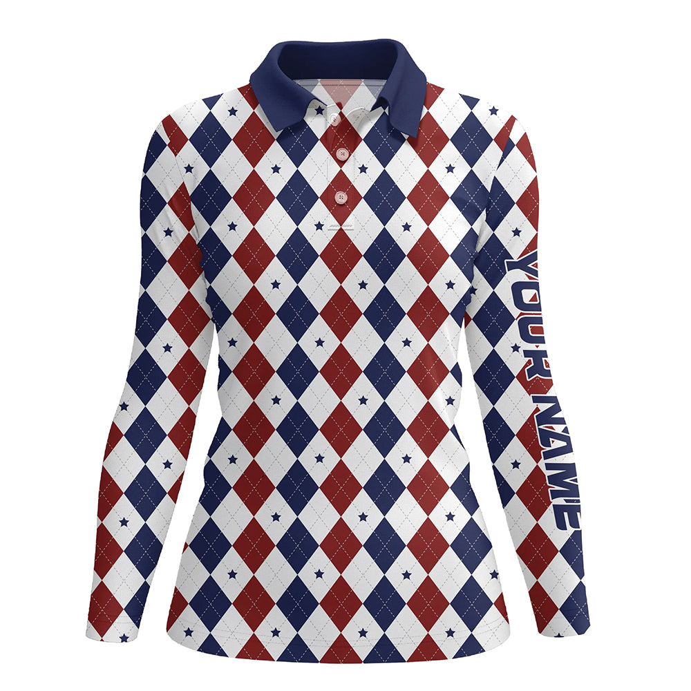 Women golf polo shirt custom red, white and blue argyle plaid pattern golf attire for ladies NQS7969