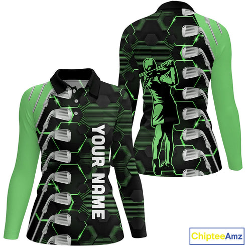Green and Black golf clubs Women golf polo shirts custom golf outfit ladies, personalized golf gifts NQS10213