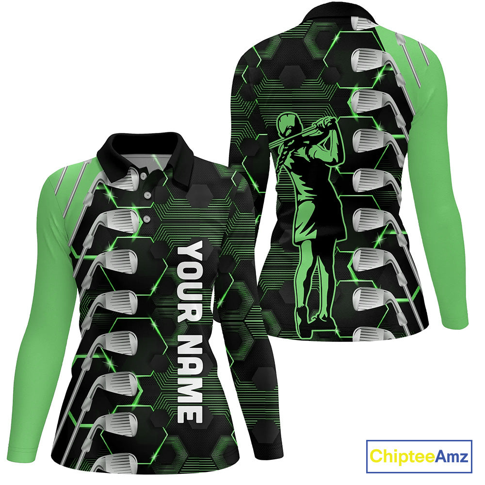 Green and Black golf clubs Women golf polo shirts custom golf outfit ladies, personalized golf gifts NQS10213