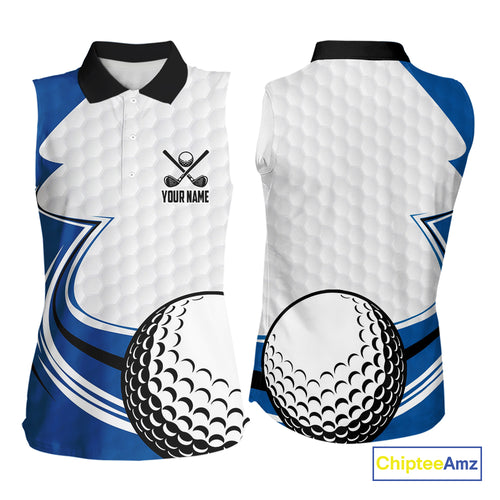 Blue & white golf ball sleeveless golf polo shirts custom name golf gifts for Women NQS10214