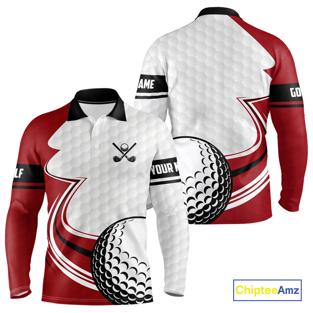 Red & white golf ball short sleeve, long sleeve golf polo shirts custom name golf gifts for men NQS10215