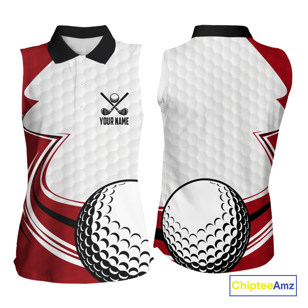 Red & white golf ball sleeveless golf polo shirts custom name golf gifts for Women NQS10215