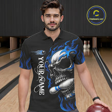 Load image into Gallery viewer, Custom Black and Blue Flame Skull Bowling Shirts For Men, Personalized Skull Team Bowling Jersey NQS10574