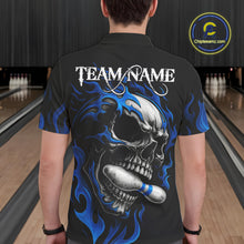 Load image into Gallery viewer, Custom Black and Blue Flame Skull Bowling Shirts For Men, Personalized Skull Team Bowling Jersey NQS10574