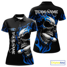 Load image into Gallery viewer, Custom Black and Blue Flame Skull Bowling Shirts For Women, Personalized Skull Team Bowling Jersey NQS10574