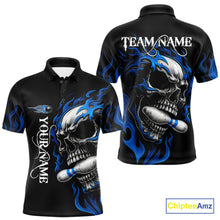 Load image into Gallery viewer, Custom Black and Blue Flame Skull Bowling Shirts For Men, Personalized Skull Team Bowling Jersey NQS10574