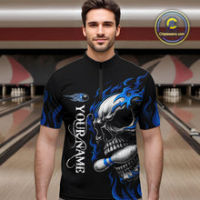 Load image into Gallery viewer, Custom Black and Blue Flame Skull Bowling Shirts For Men, Personalized Skull Team Bowling Jersey NQS10574