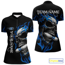 Load image into Gallery viewer, Custom Black and Blue Flame Skull Bowling Shirts For Women, Personalized Skull Team Bowling Jersey NQS10574