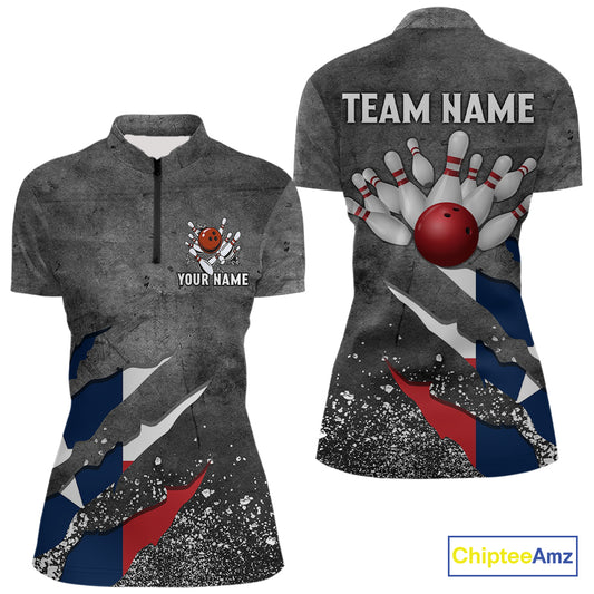 Gray Grunge Texas Flag Bowling Polo, Quarter Zip shirt for Women Custom patriotic Team bowling jersey NQS10579