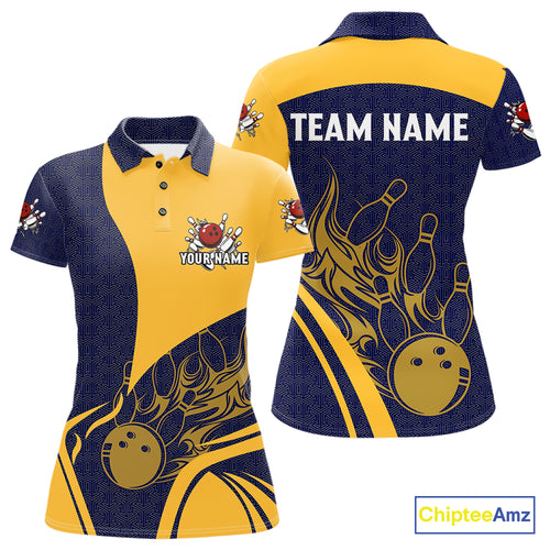 Blue and Yellow flame Women Bowling polo, 1/4 zip shirts custom Bowling team jerseys bowlers outfit NQS10983