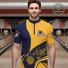 Load image into Gallery viewer, Blue and Yellow flame Bowling polo, 1/4 zip shirts for men custom Bowling team jerseys bowlers outfit NQS10983