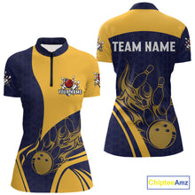 Load image into Gallery viewer, Blue and Yellow flame Women Bowling polo, 1/4 zip shirts custom Bowling team jerseys bowlers outfit NQS10983