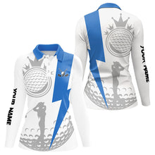 Load image into Gallery viewer, Blue and White Womens golf polo shirts custom women golf attire, unique ladies golf apparel NQS9312