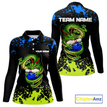 Load image into Gallery viewer, Personalized Black, Blue and Green Dragon Bowling Shirts For Women, Dragon Bowling Team Shirts NQS11578