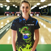 Load image into Gallery viewer, Personalized Black, Blue and Green Dragon Bowling Shirts For Women, Dragon Bowling Team Shirts NQS11578